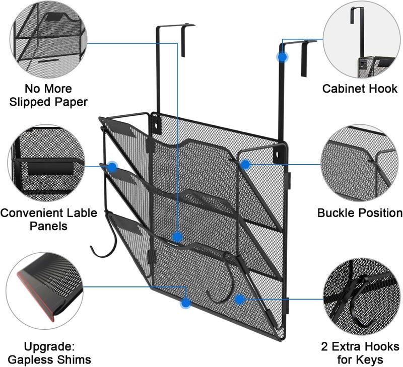 BOHDK Wall File Organizer 3 Pockets, Mail Organizer, Hanging Folder Holder, Foldable | Hanging or Wall Mounted | Label Panel | 2 Hooks | Office Home School Organizer, Black - Image 4